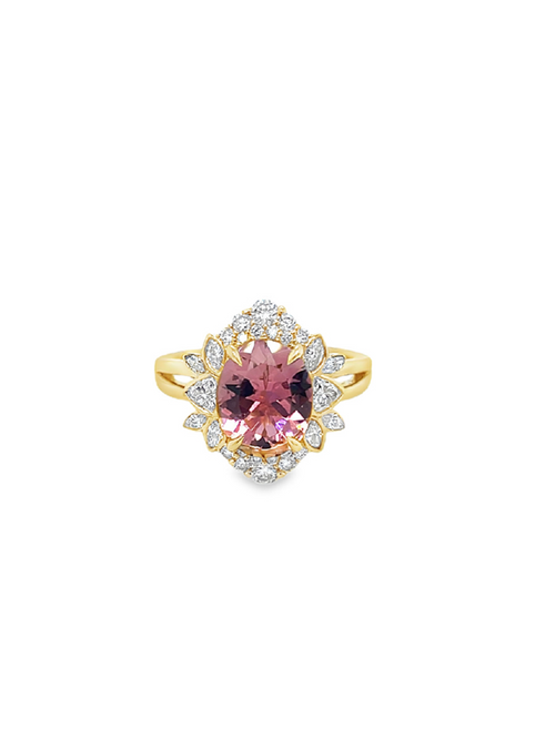Pink oval tourmaline in 14KT Yellow gold and lab created diamond, Size 7.