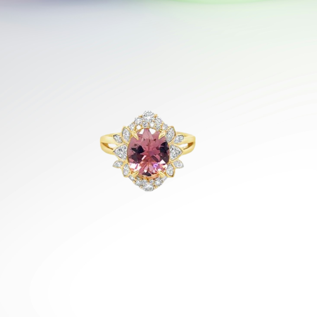 Pink oval tourmaline in 14KT Yellow gold and lab created diamond, Size 7.